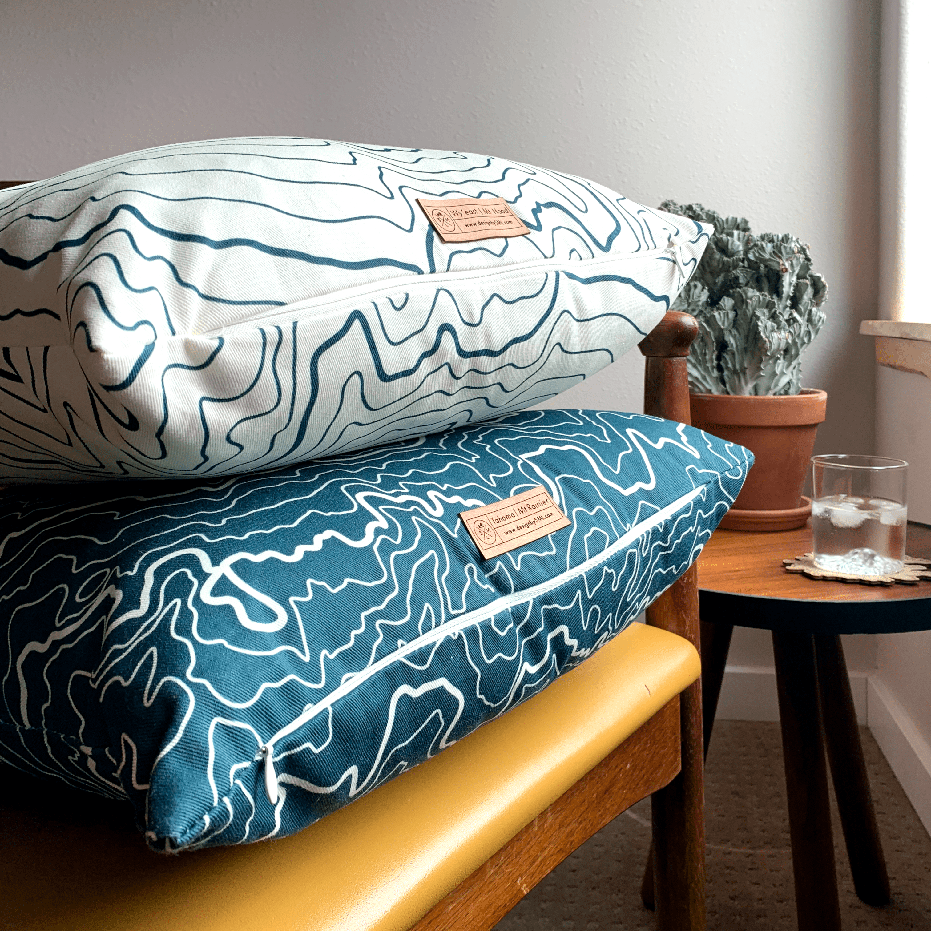 Mt Rainier Topography Linen Pillow - Evergreen & Cream