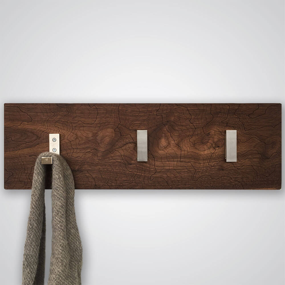 Mt Rainier Topography Coat Hanger in Walnut Wood - 3 Hooks