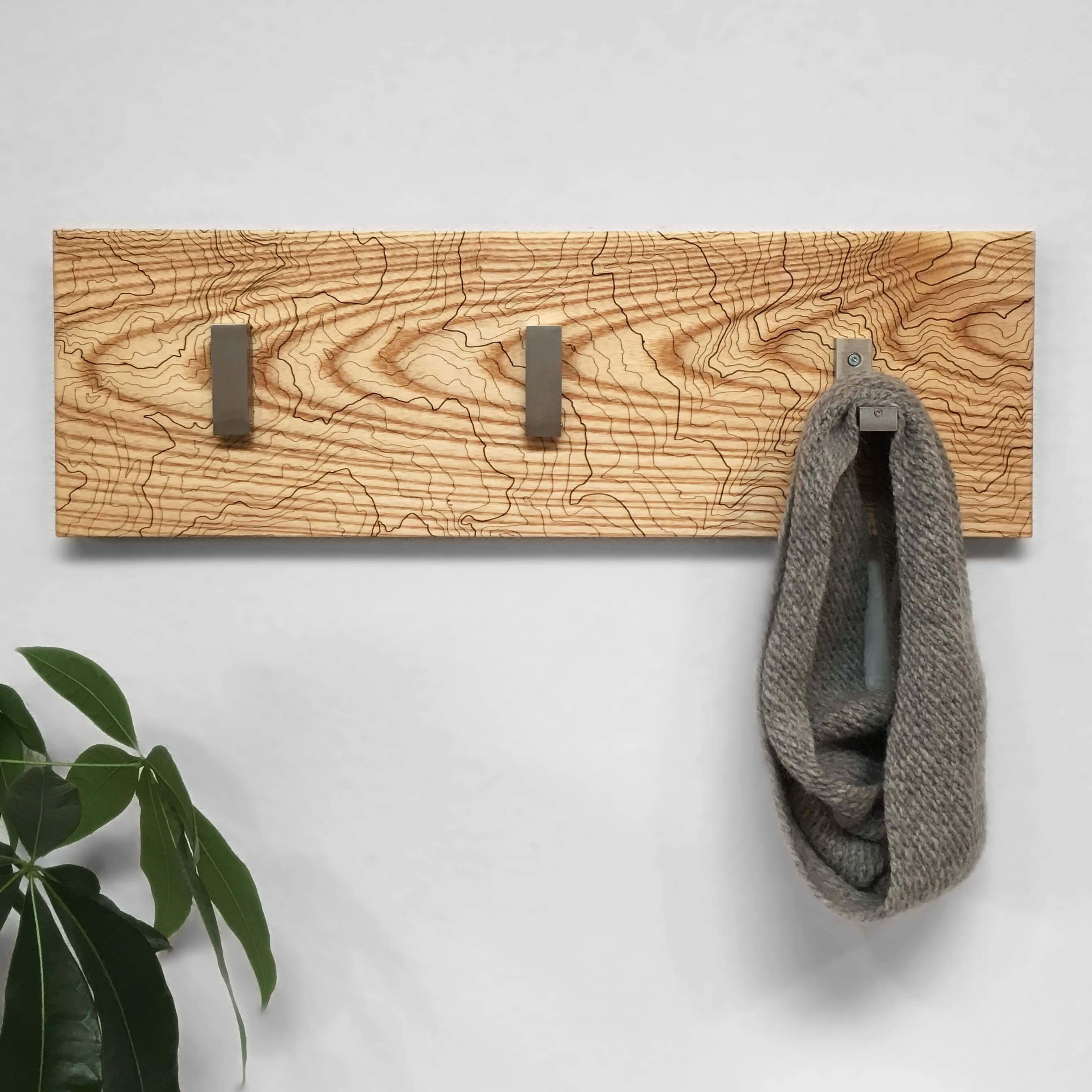 Mount Rainier Topographic Coat Hanger in Light Wood - 3 Hooks Design by SML 